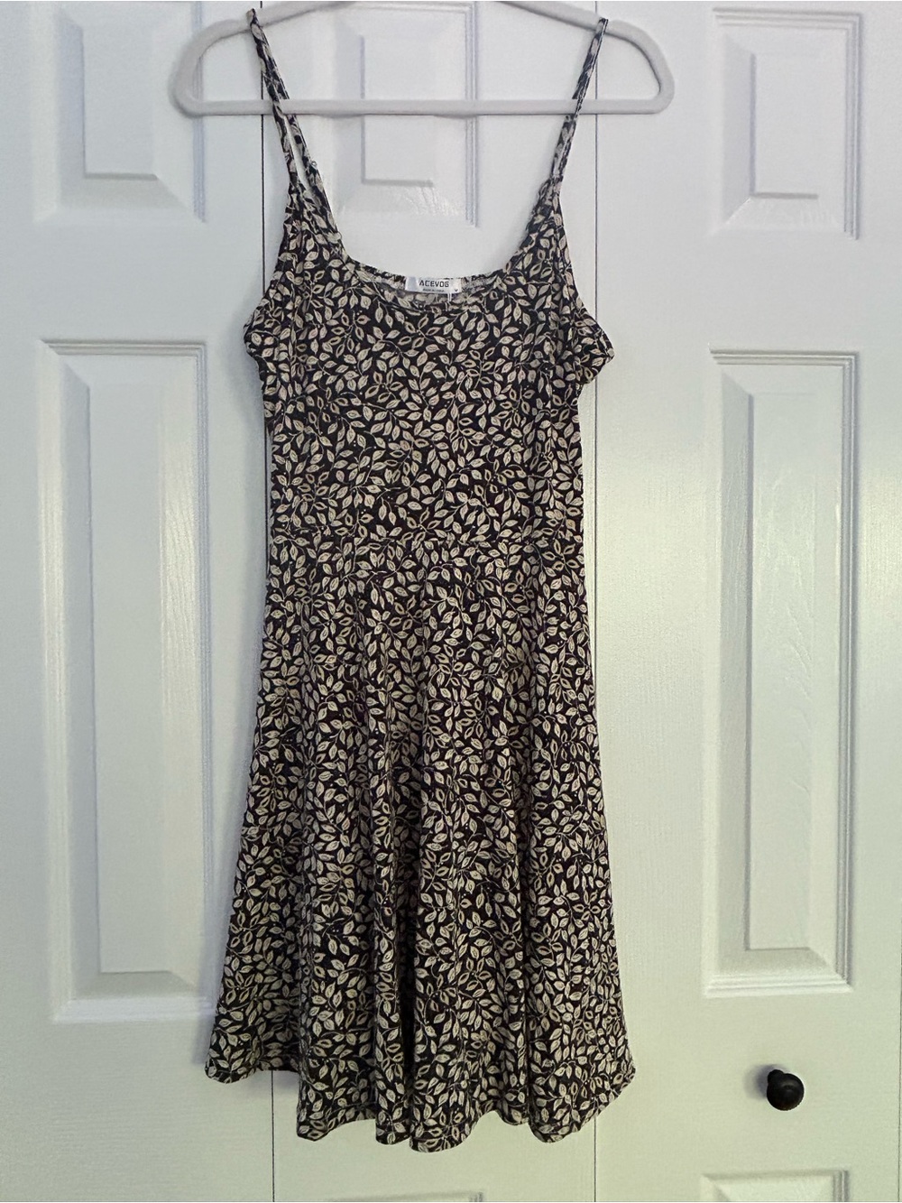 Acevog Black Mini Dress with Cream Leaf Print